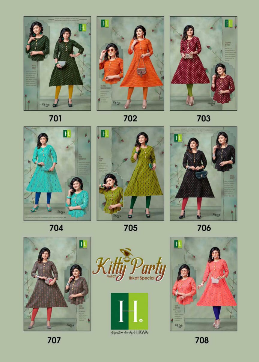 Hirwa Kitty Party 7.3 Latest Fancy Designer Casual Wear Ikkat Print Pure Cambric Cotton Flair Kurti Collection
